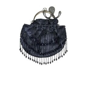 Bijoux Terner Gray‎ Beaded Evening Clutch Purse Satin Fringe Cocktail Bag